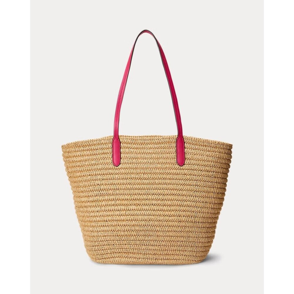 Lauren Ralph Lauren Natural Sport Pink Brie Leather Trim Straw Totebag Handbag - Picture 2 of 6